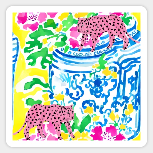 Pink panthers on giant chinoiserie jars on yellow Sticker by SophieClimaArt